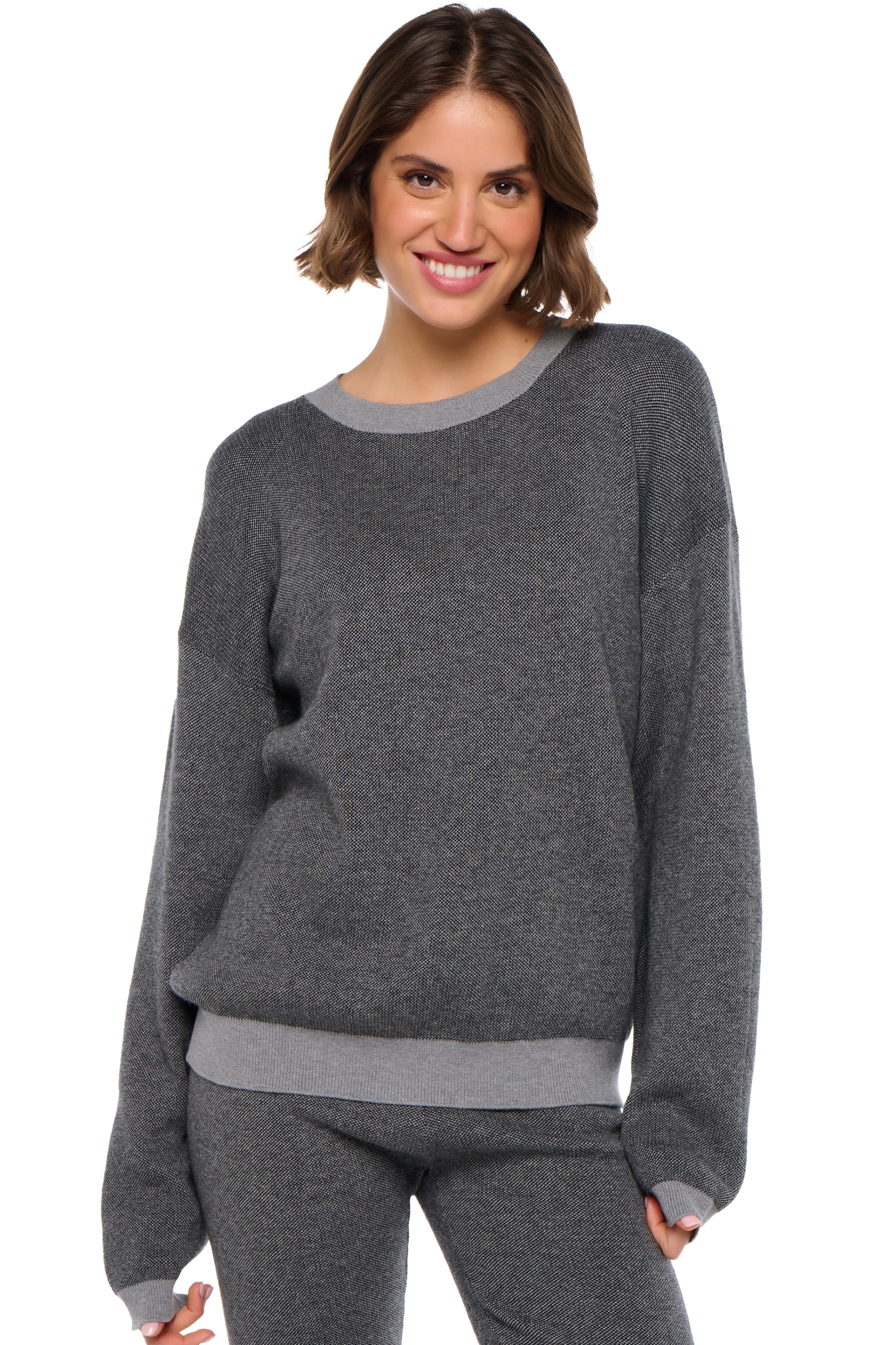 Cachemire et Coton pull femme col rond stormie black gris chine l